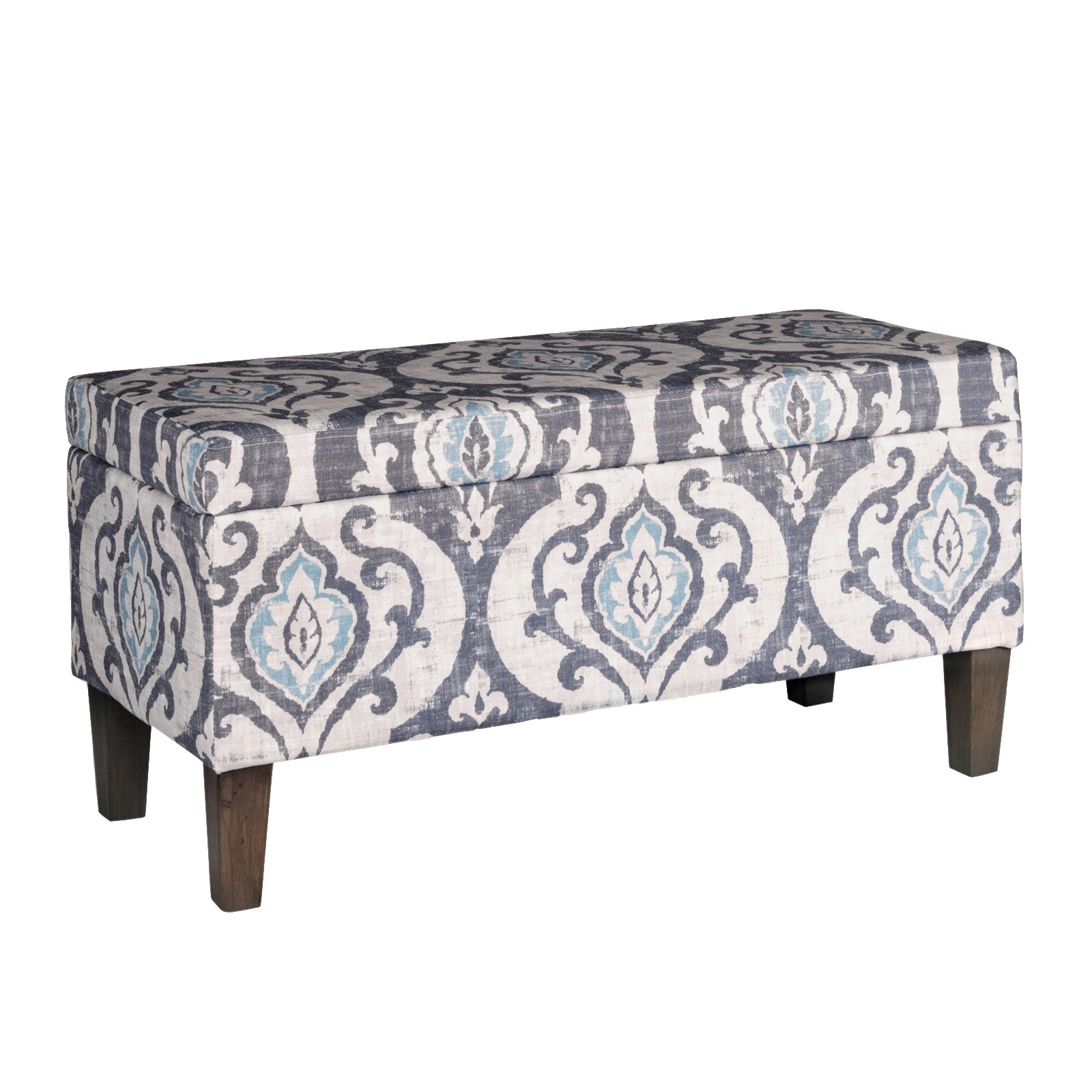 Benzara damask-patterned fabric upholstered wooden storage bench, large multicolor with hinged lid