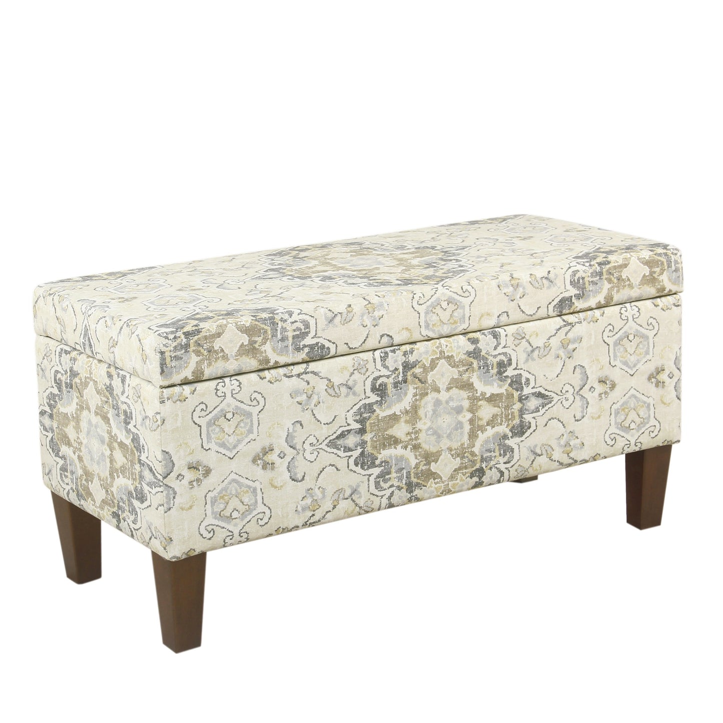 Benzara medallion print fabric upholstered wooden bench with hinged storage, large brown and cream