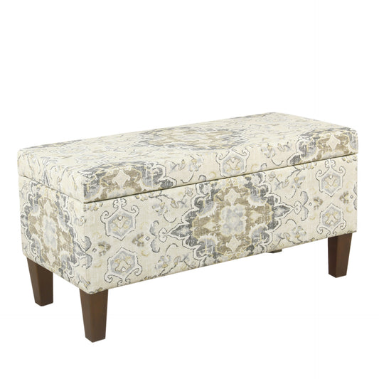 Benzara medallion print fabric upholstered wooden bench with hinged storage, large brown and cream