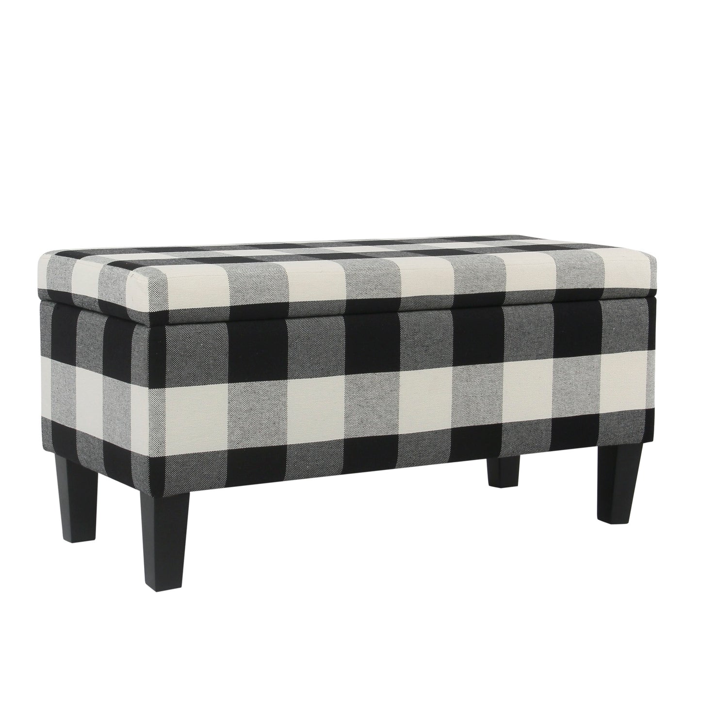 Large storage bench with black-and-white checkered fabric upholstery and tapered black wood legs