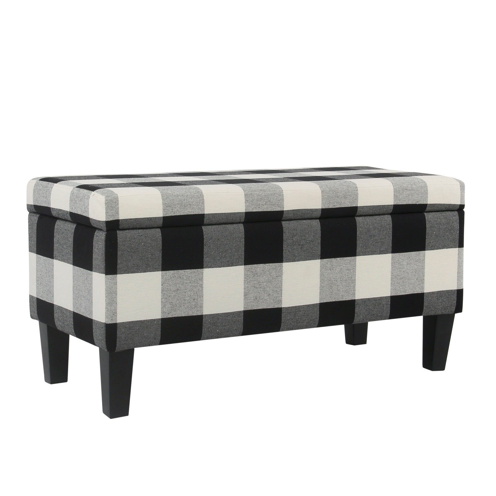 Large storage bench with black-and-white checkered fabric upholstery and tapered black wood legs