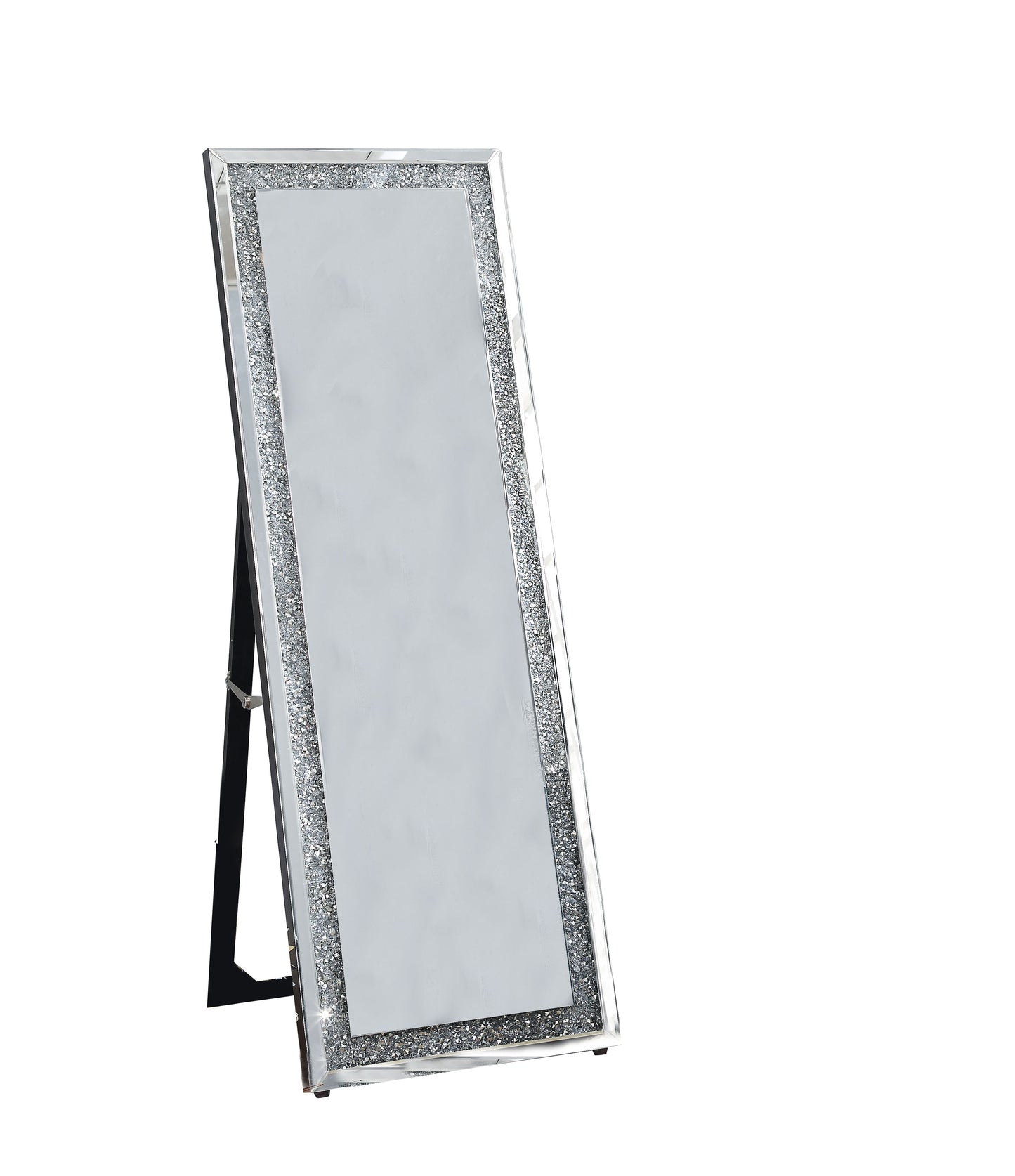 Faux crystal-accented wooden framed floor mirror with fold-out back leg support and clear glass
