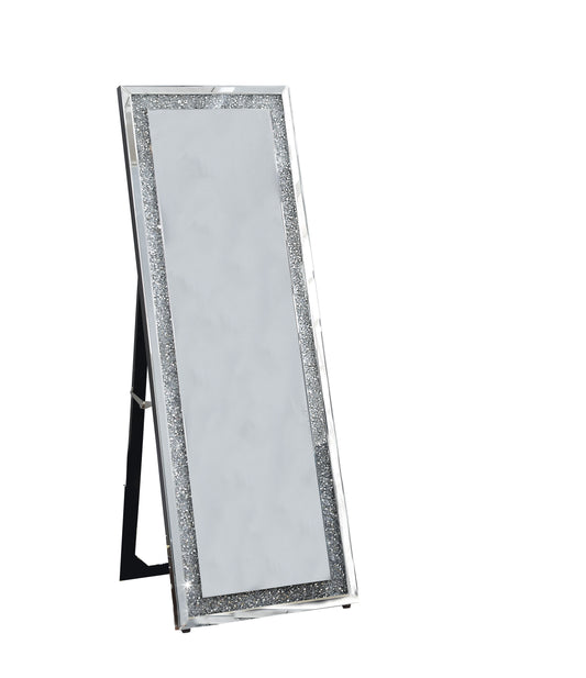 Faux crystal-accented wooden framed floor mirror with fold-out back leg support and clear glass