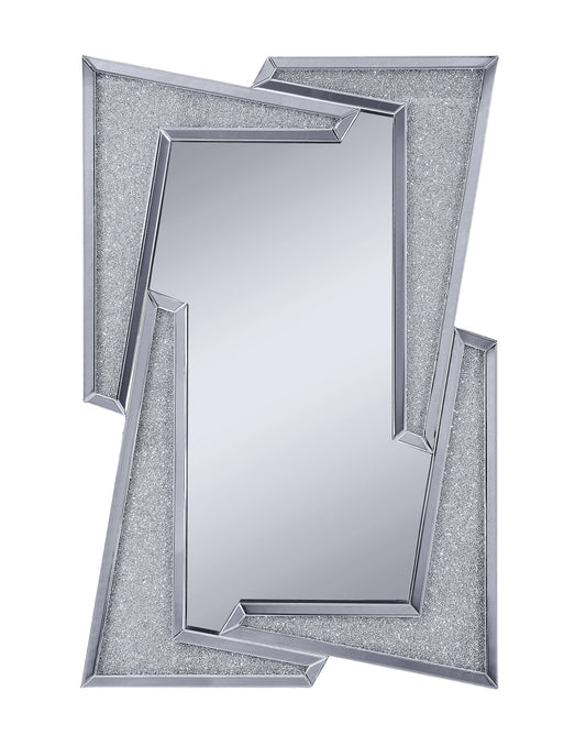 Mirrored Wooden Frame Accent Wall Decor with Four L Shaped Borders, Silver