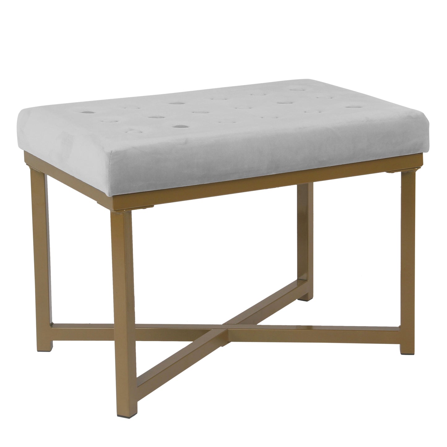 Metal-framed velvet ottoman in light gray with button-tufted top and gold metal legs.