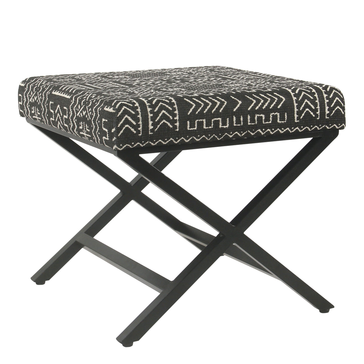 Tribal pattern fabric ottoman with X-shaped metal legs, black and cream by Benzara