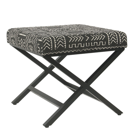 Tribal pattern fabric ottoman with X-shaped metal legs, black and cream by Benzara