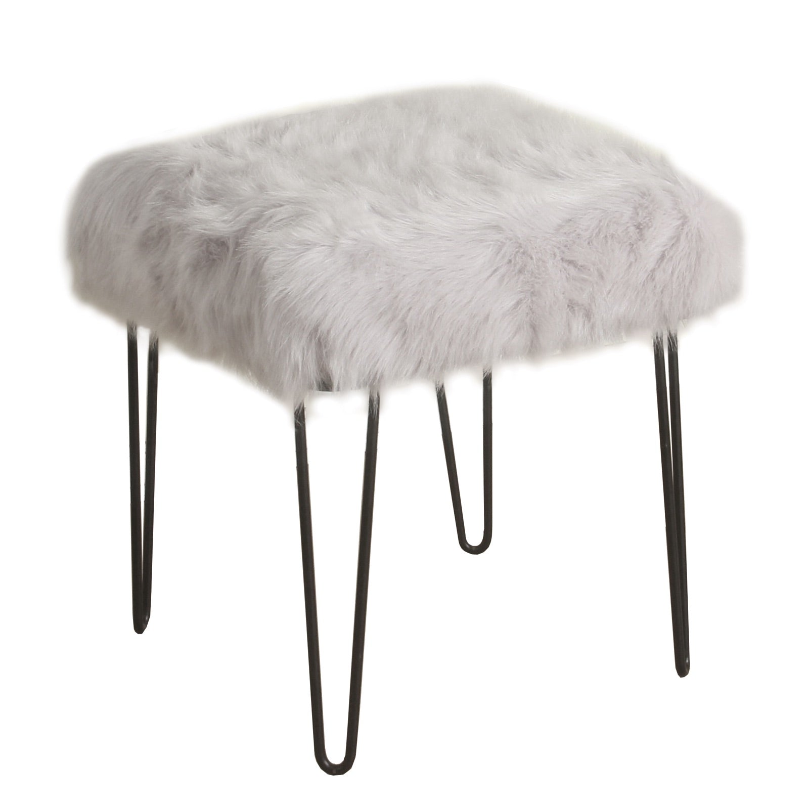 Metal framed stool with gray faux fur upholstery and black hairpin legs