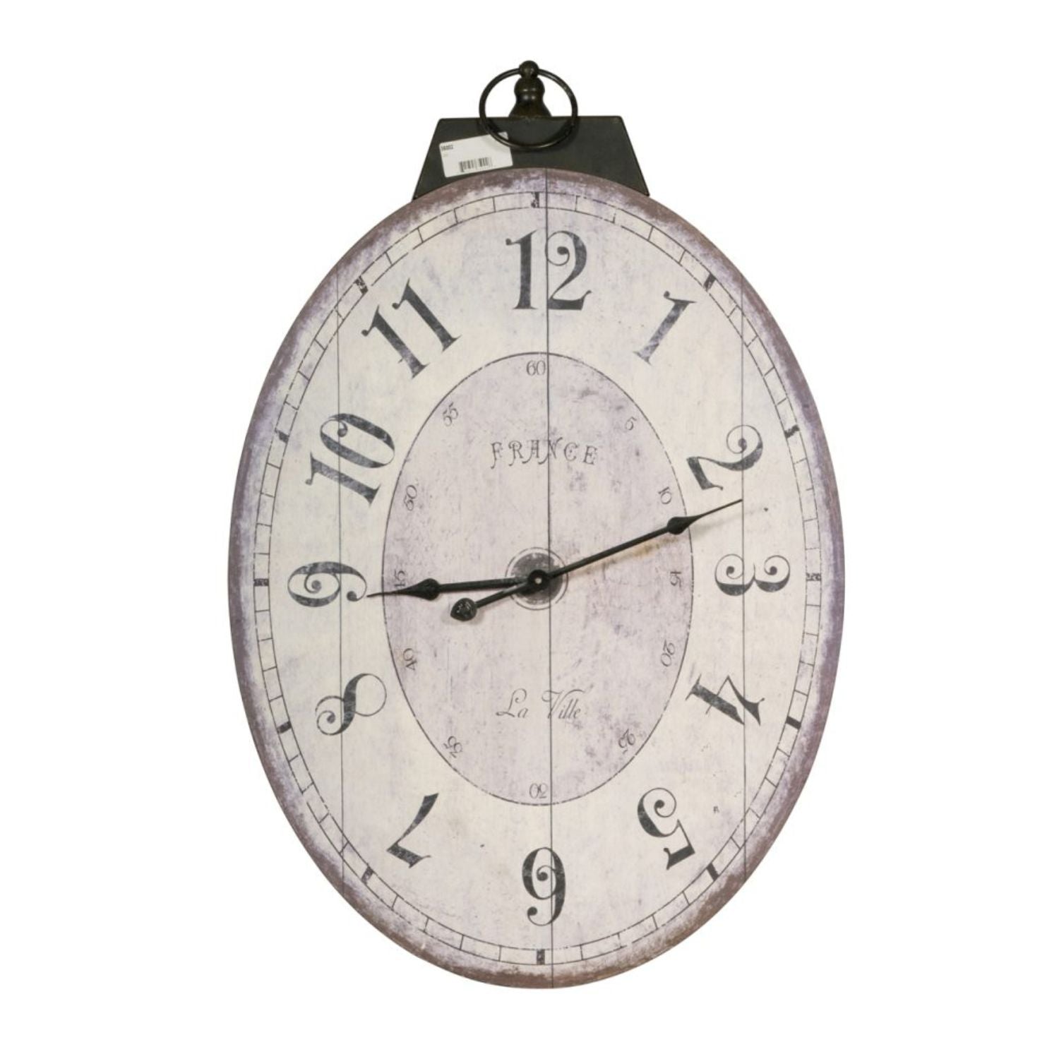 Oval distressed wooden wall clock with ring hanger in white and black, Benzara