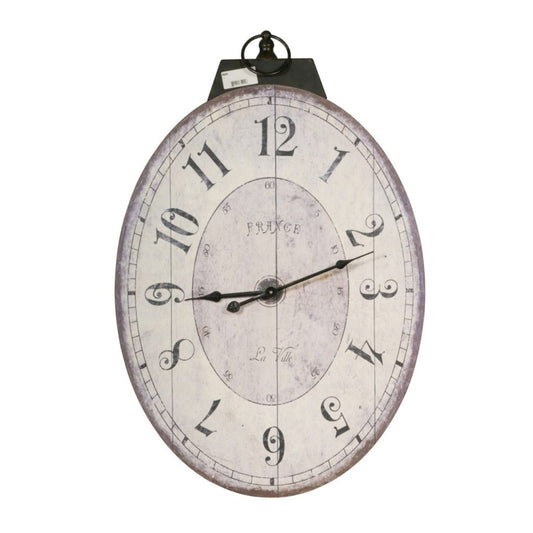 Oval distressed wooden wall clock with ring hanger in white and black, Benzara