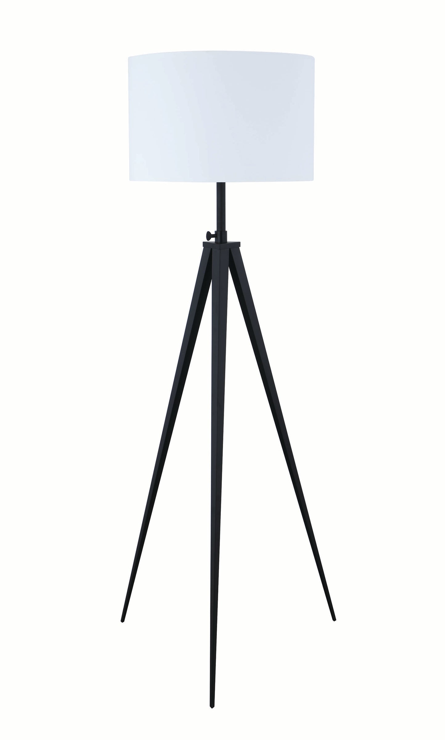 Tripod floor lamp, height-adjustable, black metal with white fabric shade