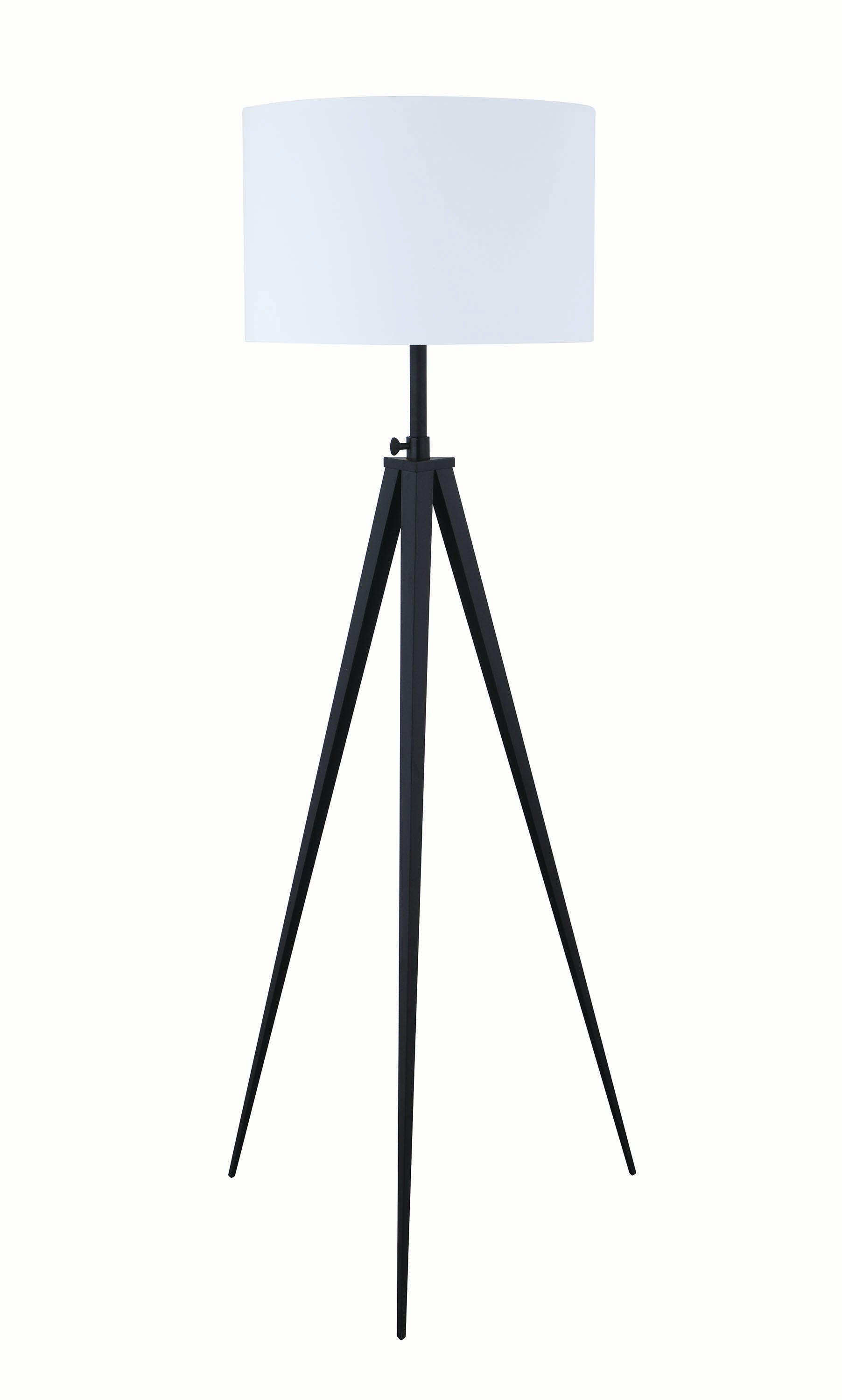 Tripod floor lamp, height-adjustable, black metal with white fabric shade