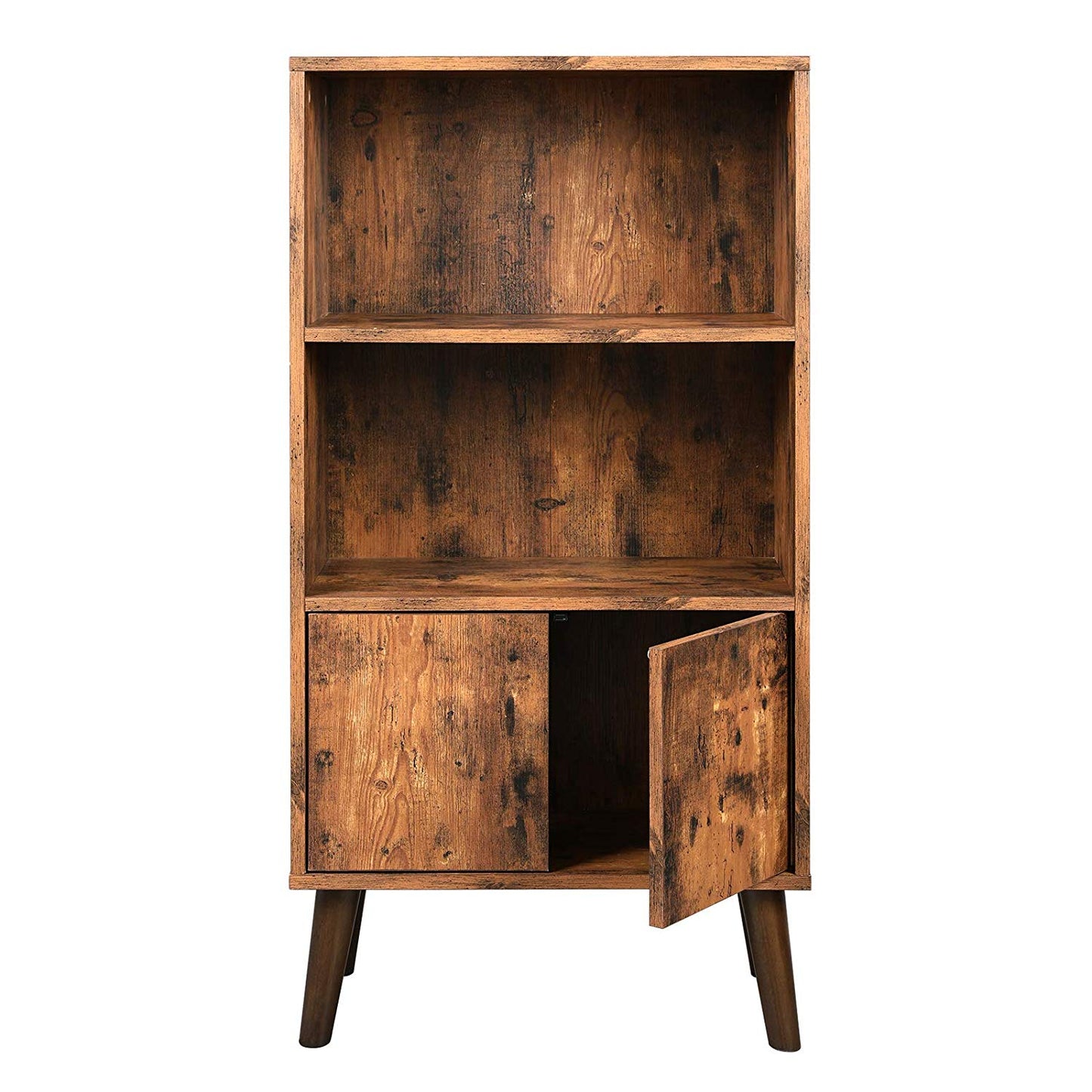 2-tier wooden bookshelf with storage cabinet and angled legs in brown finish