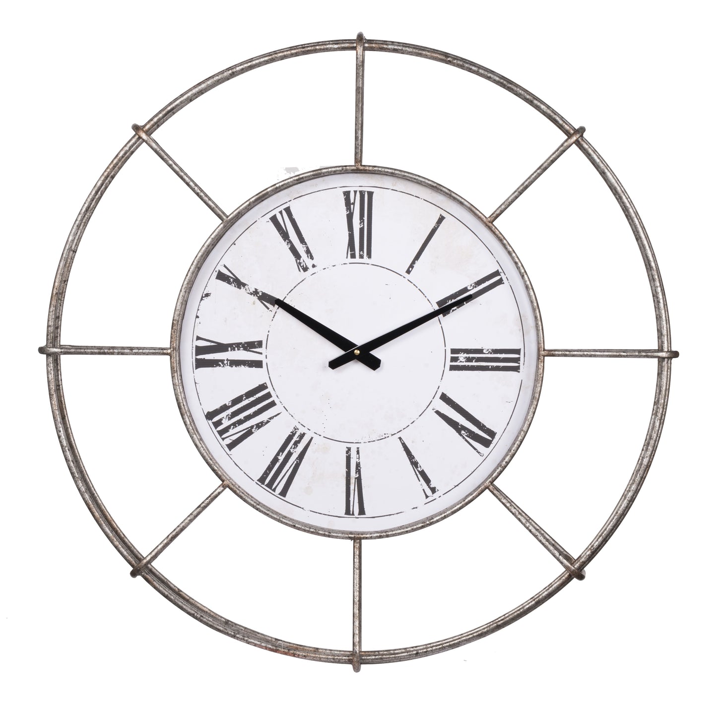 Metal wall clock with circle dial, Roman numerals, distressed silver frame and white dial