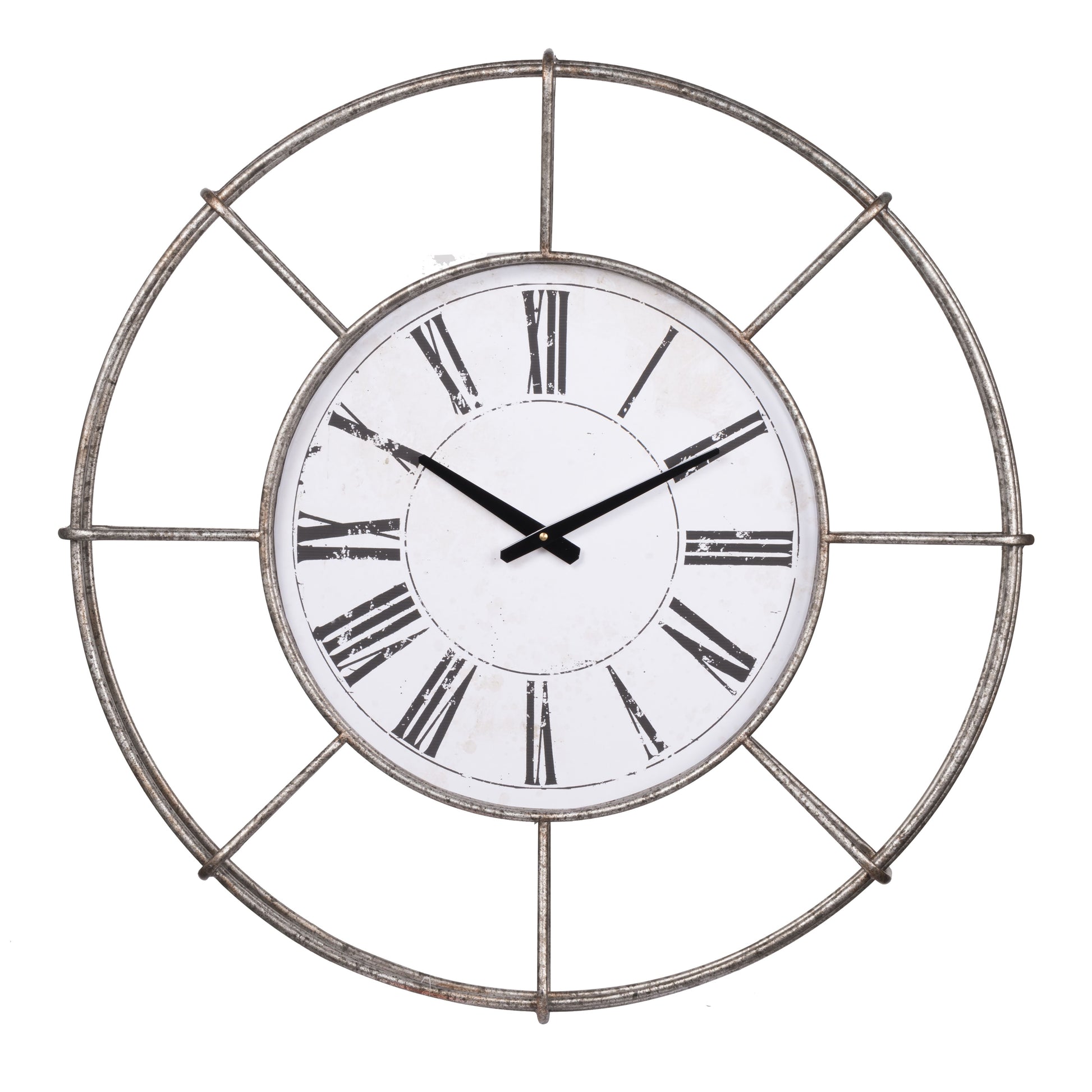 Metal wall clock with circle dial, Roman numerals, distressed silver frame and white dial