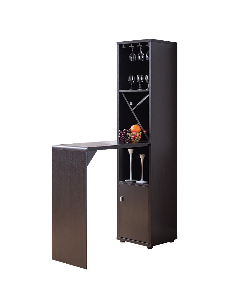 Benzara wooden wine cabinet with bar table in dark cocoa brown, wine glass rack and storage shelves