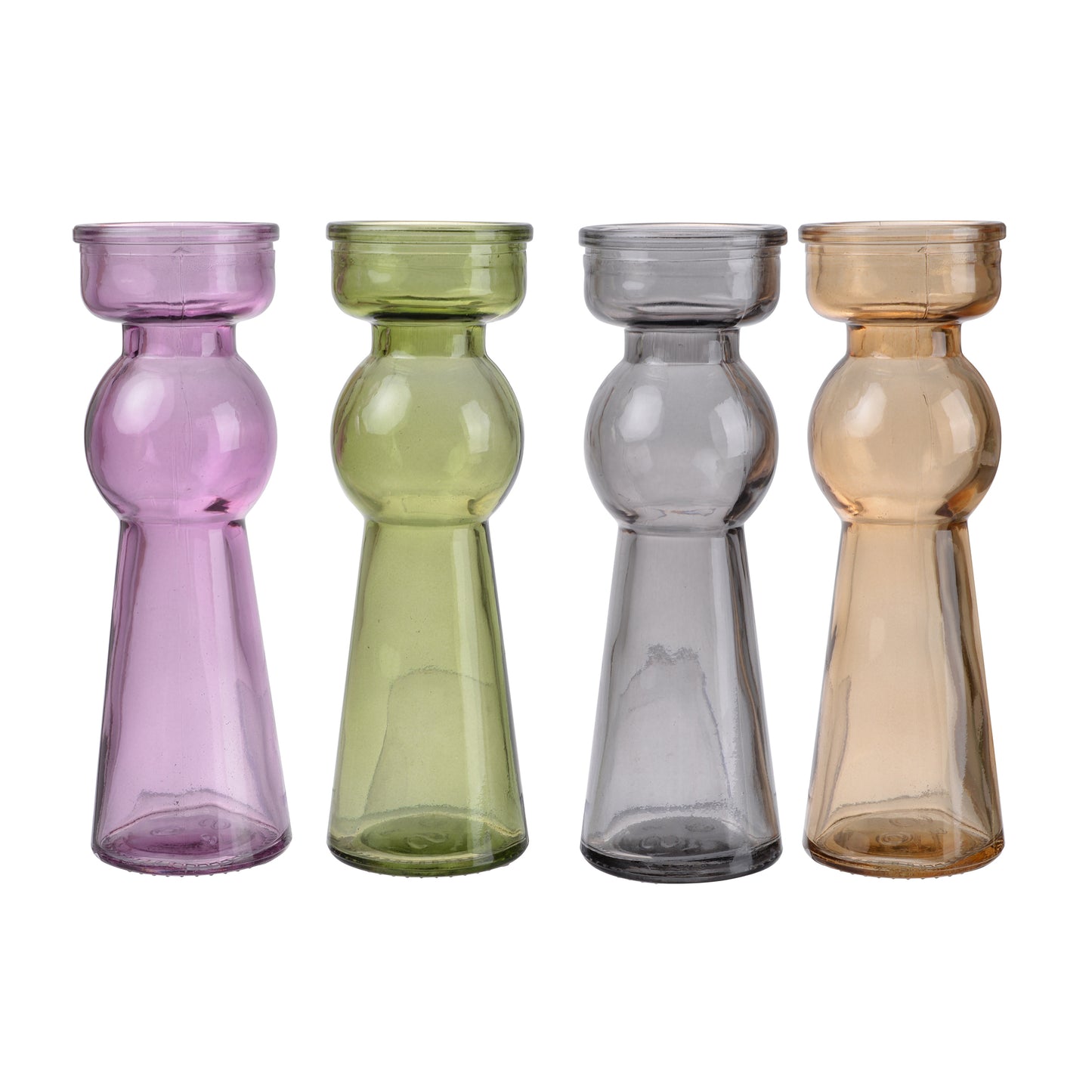 Glass pillar tealight candle holders, set of 4 in purple, green, gray, and amber