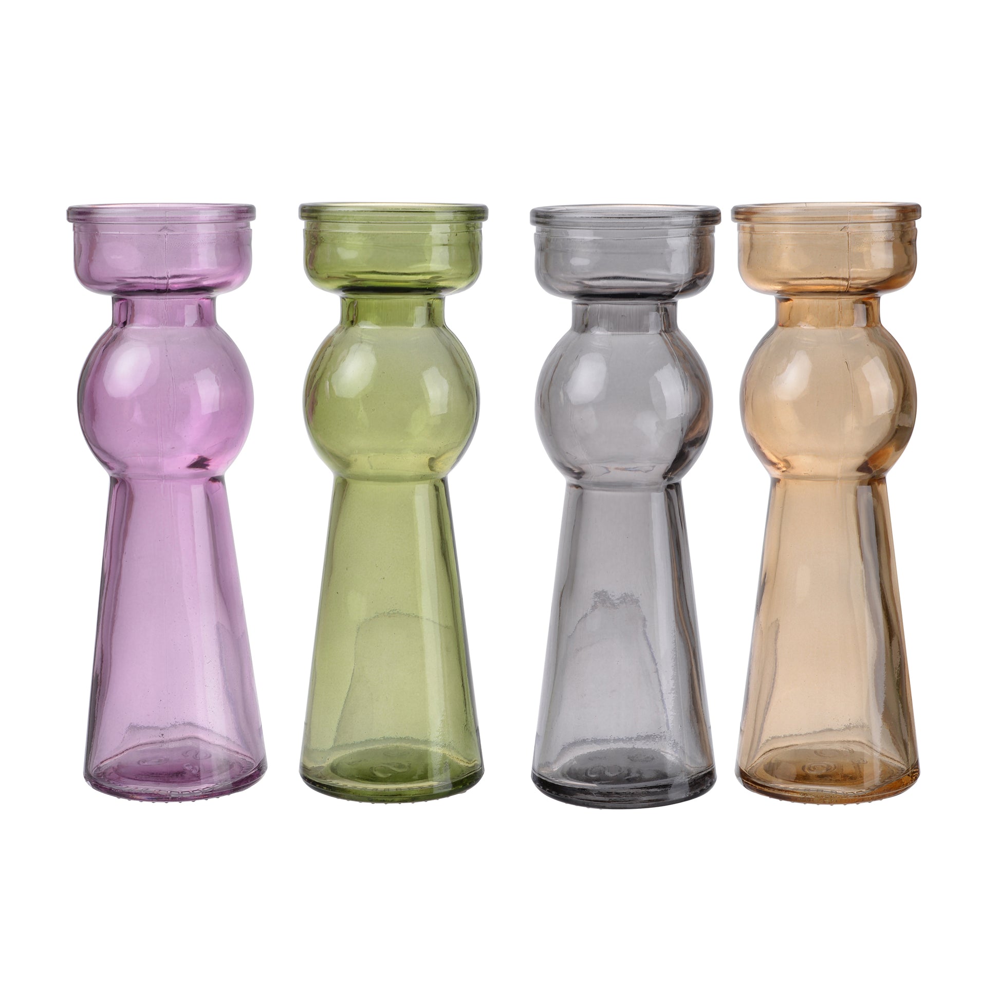 Glass pillar tealight candle holders, set of 4 in purple, green, gray, and amber