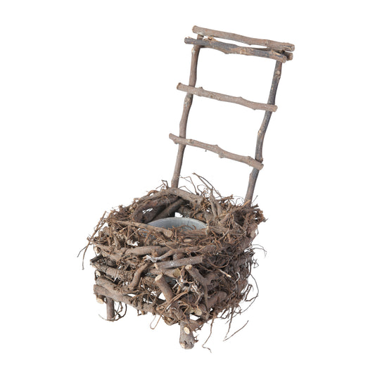Nature-inspired wooden nest planter with clay pot in gray and brown