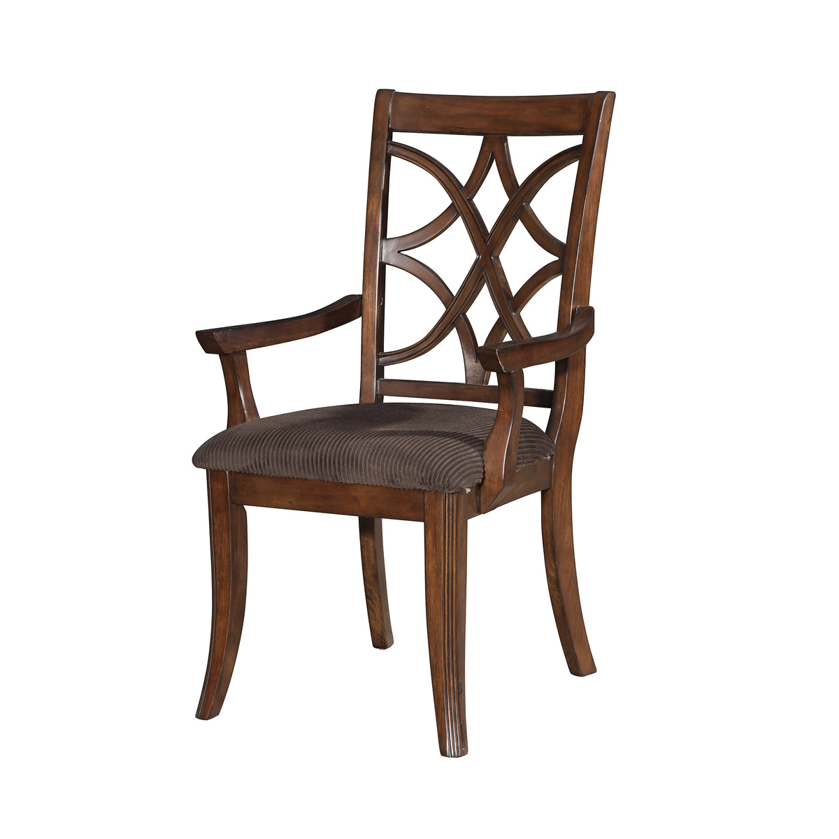 Wooden arm chair with fabric-padded seat and lattice backrest, brown, Benzara, set of two