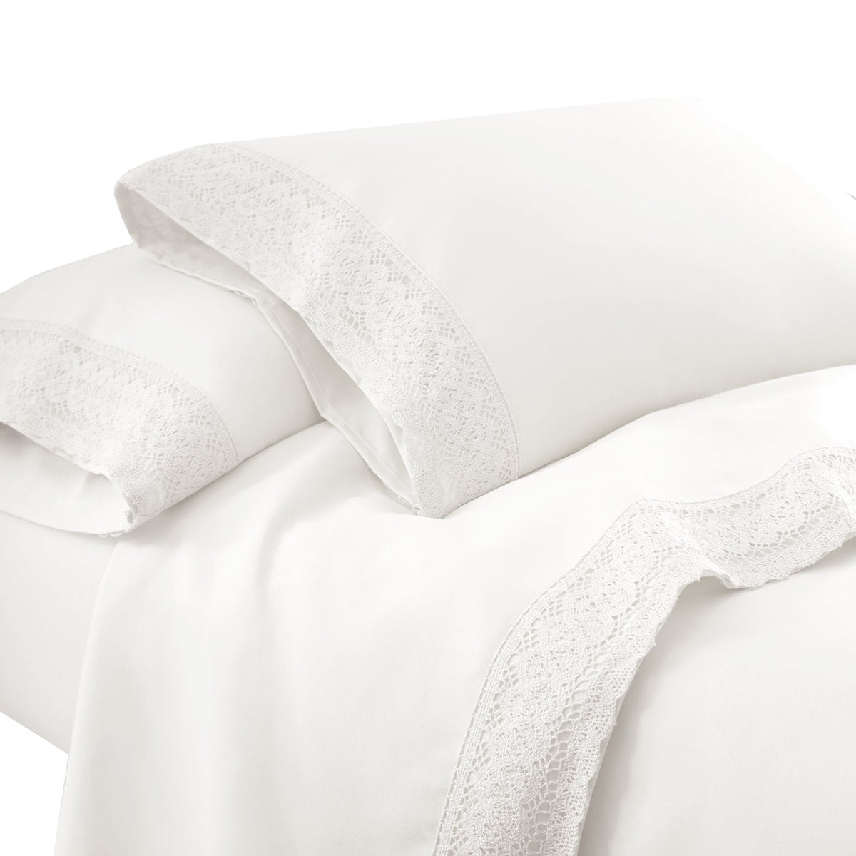 Udine 3 Piece Twin Size Sheet Set with Crochet Lace , White