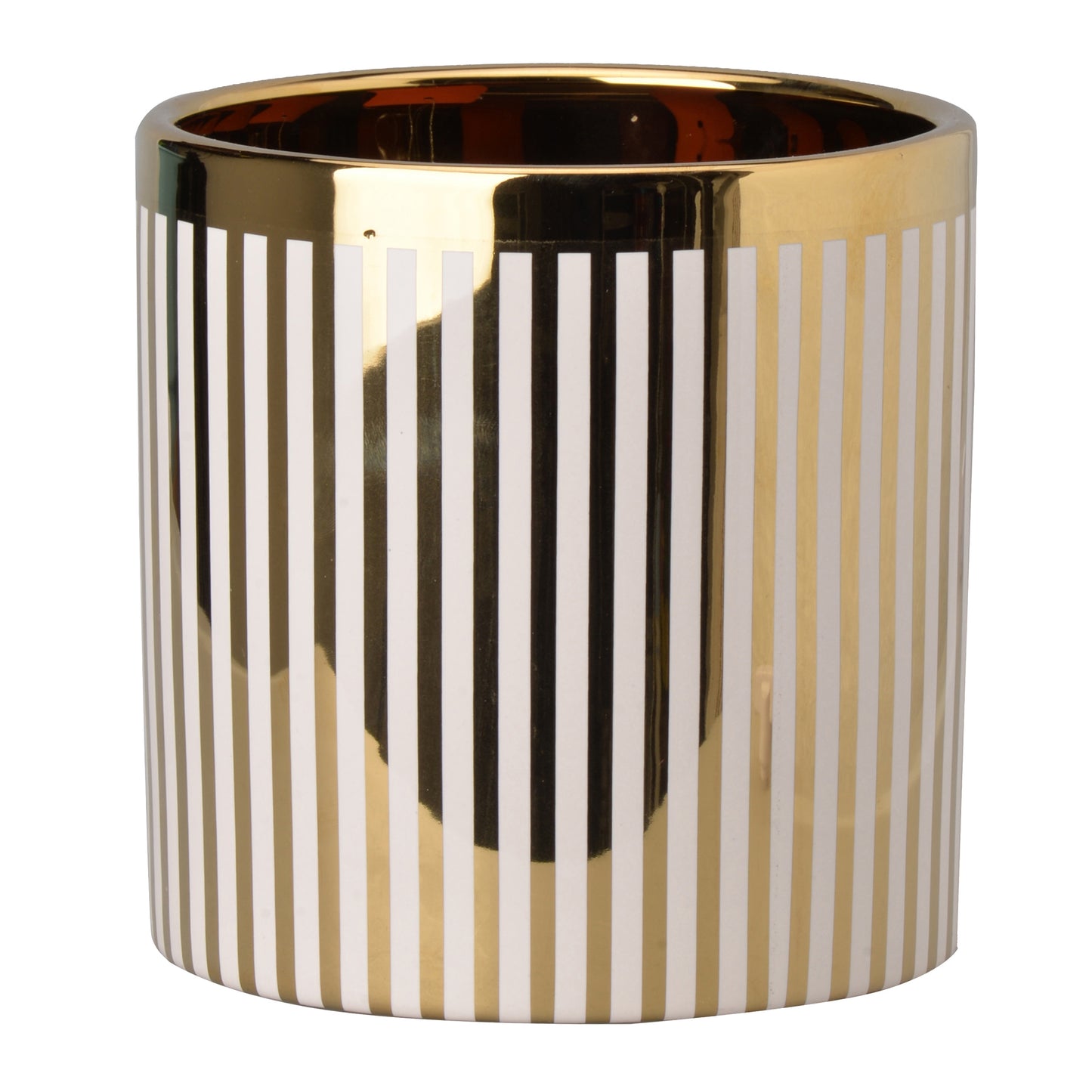 Ceramic cylindrical planter with white and gold striped pattern.
