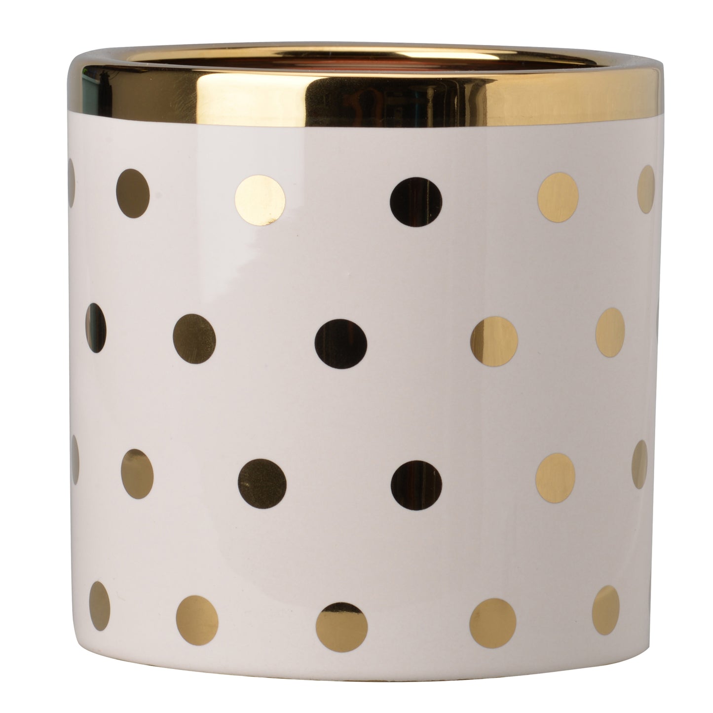 Ceramic cylindrical planter by Benzara with white body and gold polka dot pattern