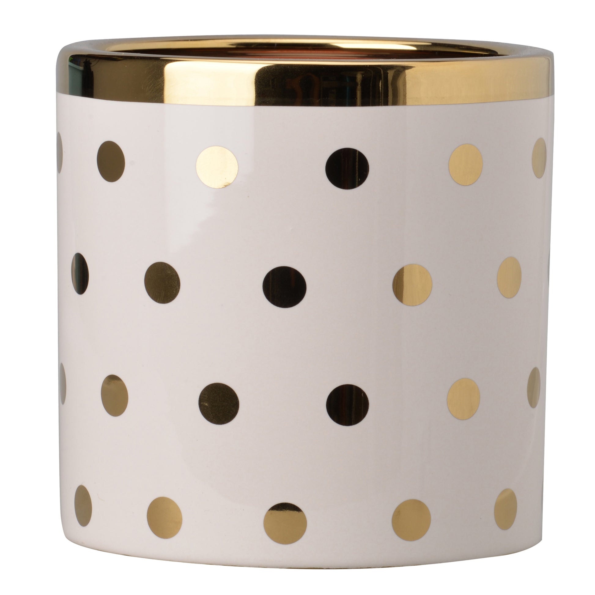 Ceramic cylindrical planter by Benzara with white body and gold polka dot pattern