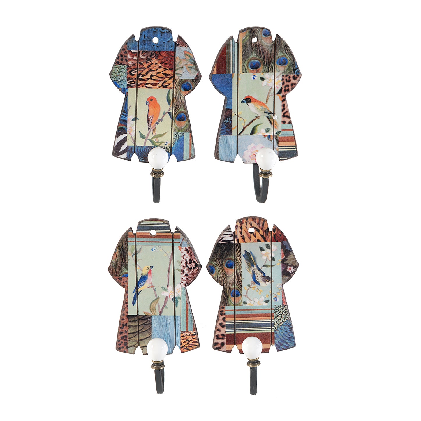 Set of four multicolor exotic bird print wall decor panels with metal hooks