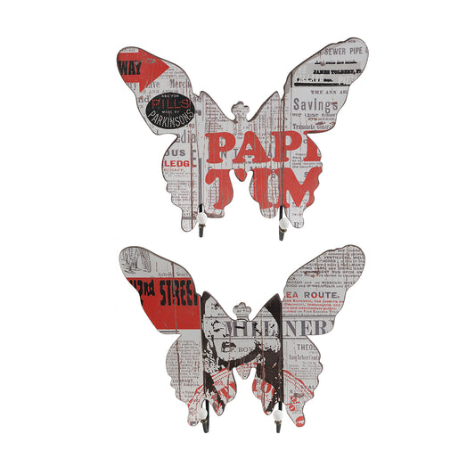 Butterfly-shaped wall decor set of 2 featuring newspaper print, multicolor