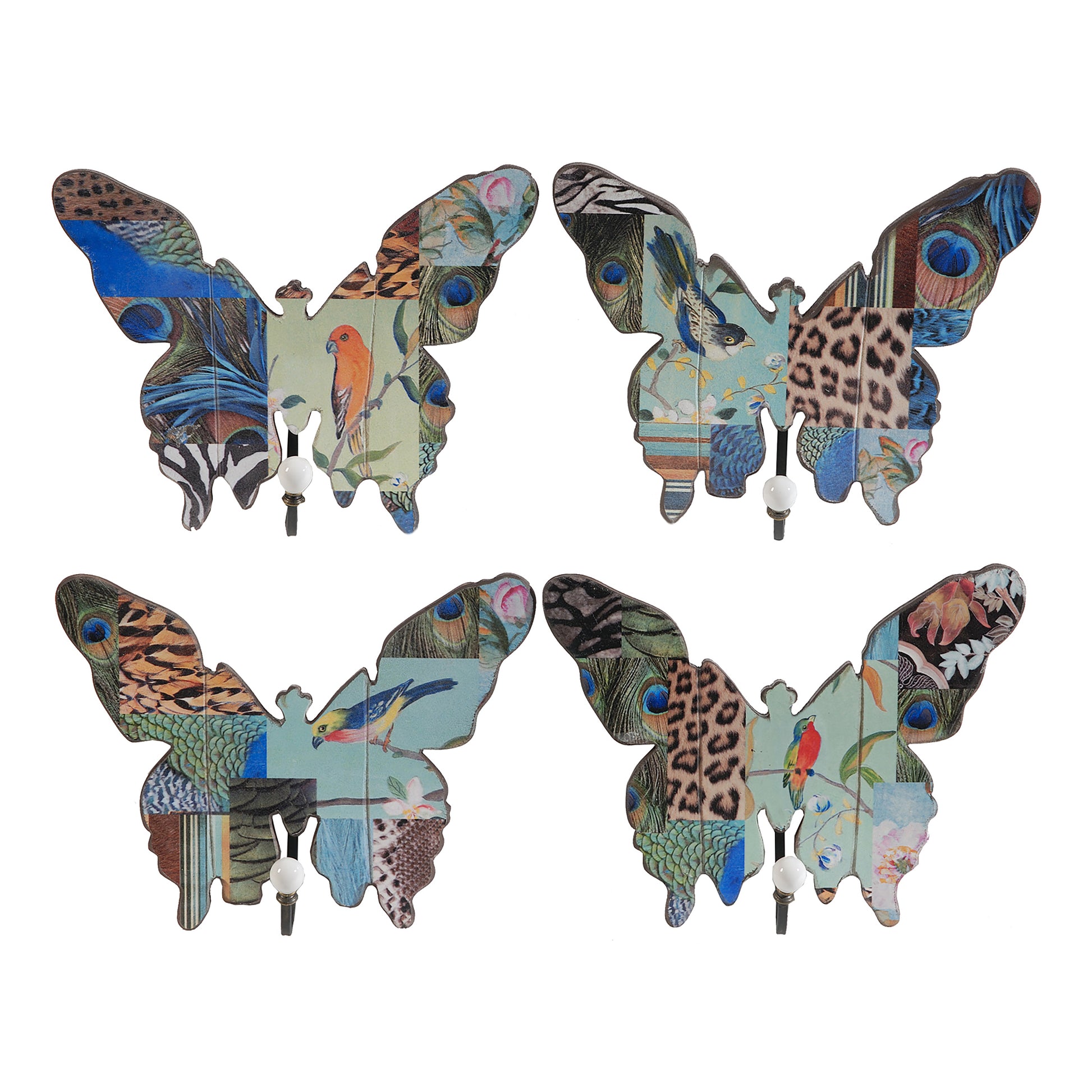 Butterfly wall decor set of 4 with multicolor exotic animal‑print panels, by Benzara