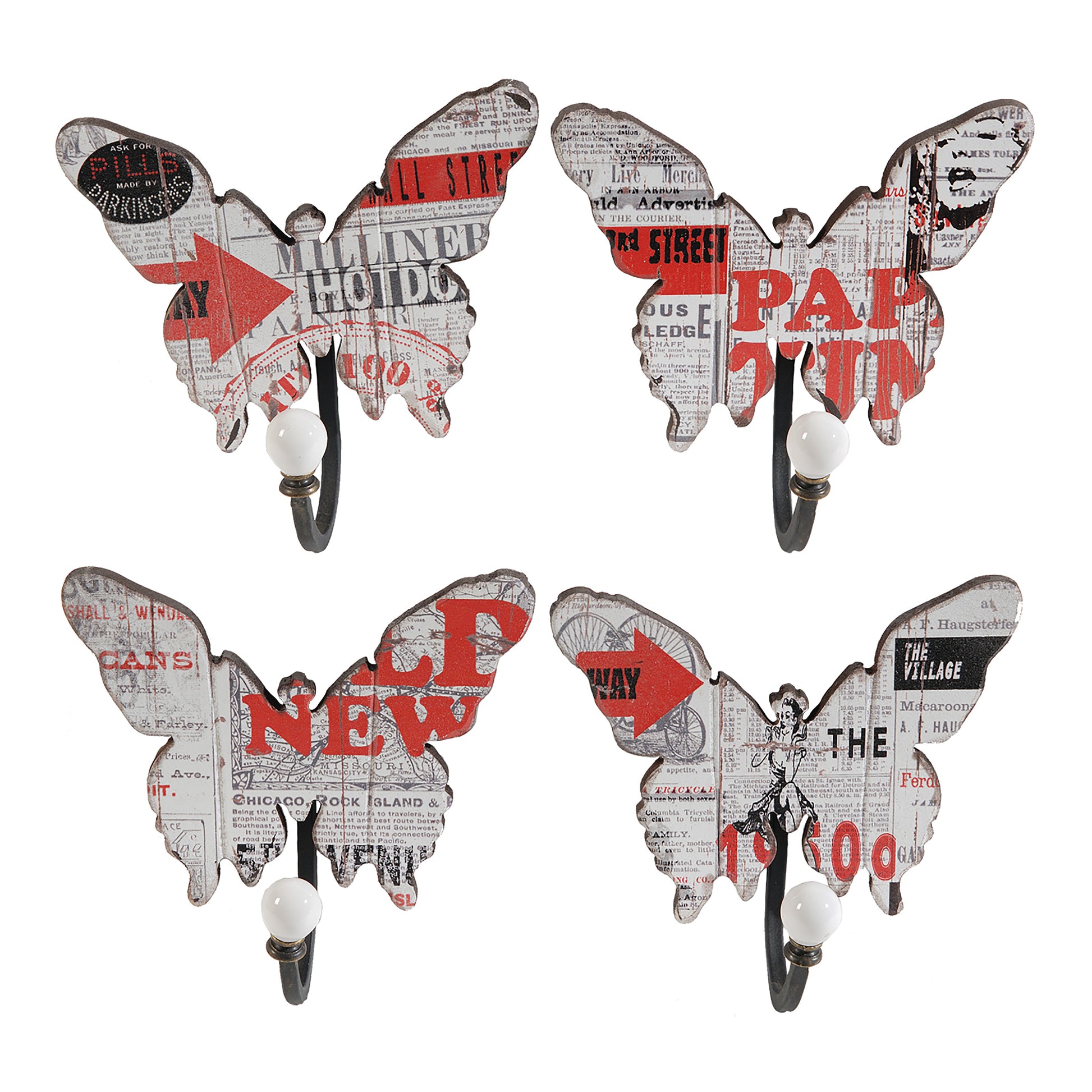 Butterfly wall decor with 4 metal hooks, multicolor set of 4