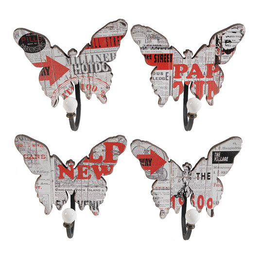 Butterfly wall decor with 4 metal hooks, multicolor set of 4