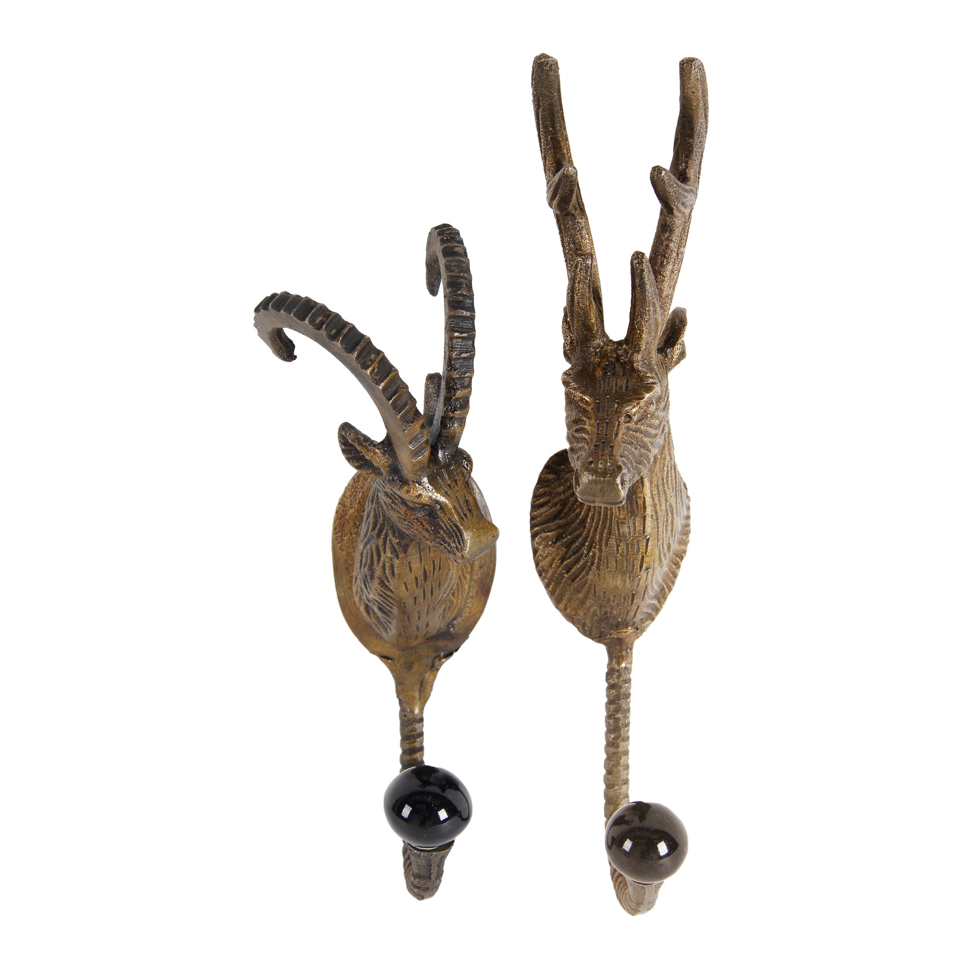 Metal sheep head hangers in gold finish, set of 2 with crystal ball bases