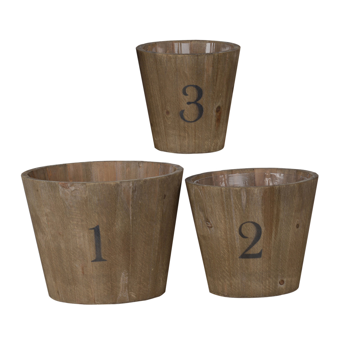 Wooden planters set of 3 in brown with round bases, assorted sizes, by Benzara