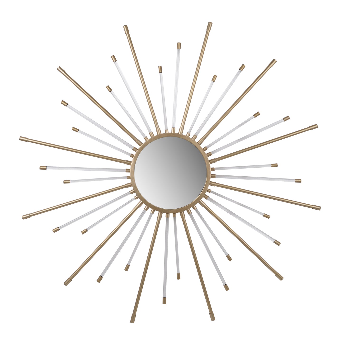 Large iron sunburst wall mirror with white and gold rays surrounding a round central mirror.