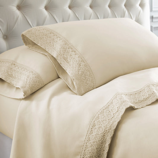 Udine 4 Piece Full Size Microfiber Sheet Set with Crochet Lace , Cream
