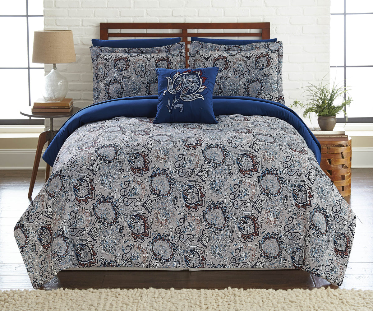 Caen 8 Piece Printed Queen Reversible Comforter Set , Gray and Blue