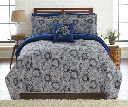 Caen 8 Piece Printed Queen Reversible Comforter Set , Gray and Blue