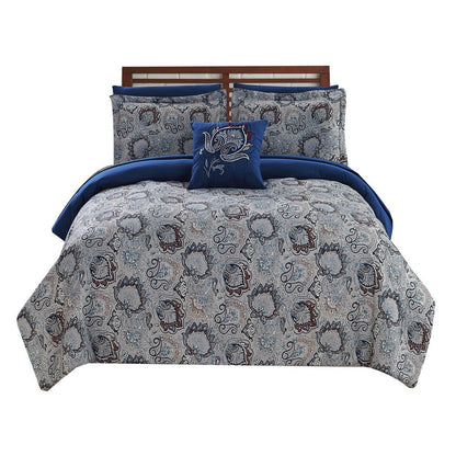 Caen 8 Piece Printed Queen Reversible Comforter Set , Gray and Blue