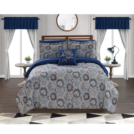 Caen 8 Piece Printed Queen Reversible Comforter Set , Gray and Blue
