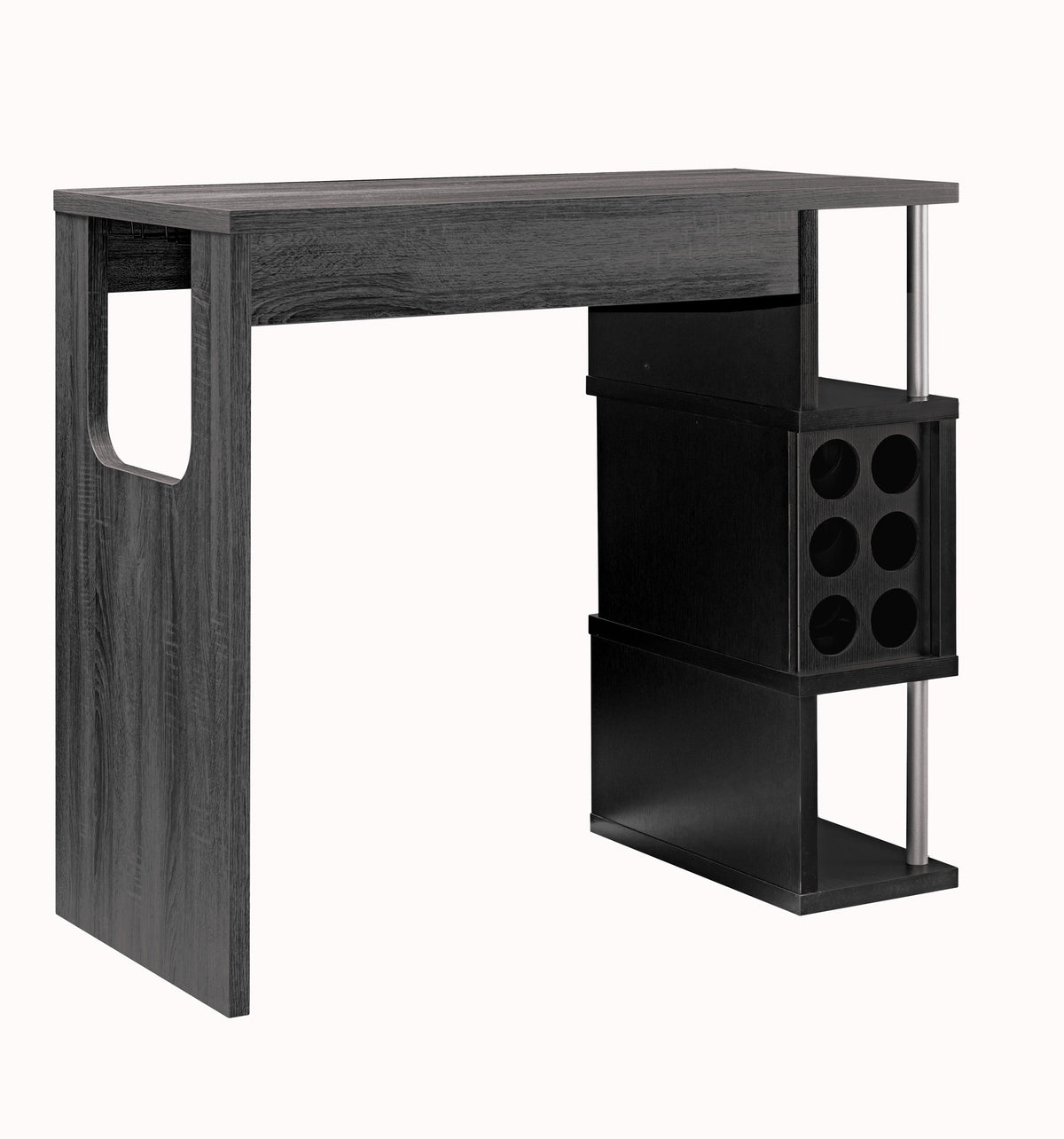 Bar table with gray wood finish and built-in wine rack, transitional style.