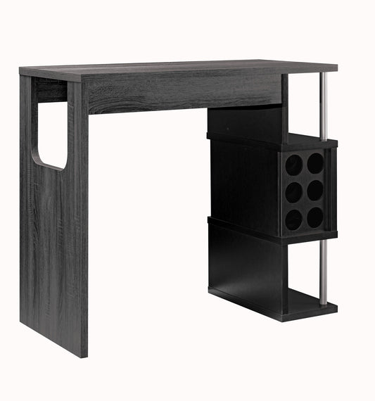 Bar table with gray wood finish and built-in wine rack, transitional style.
