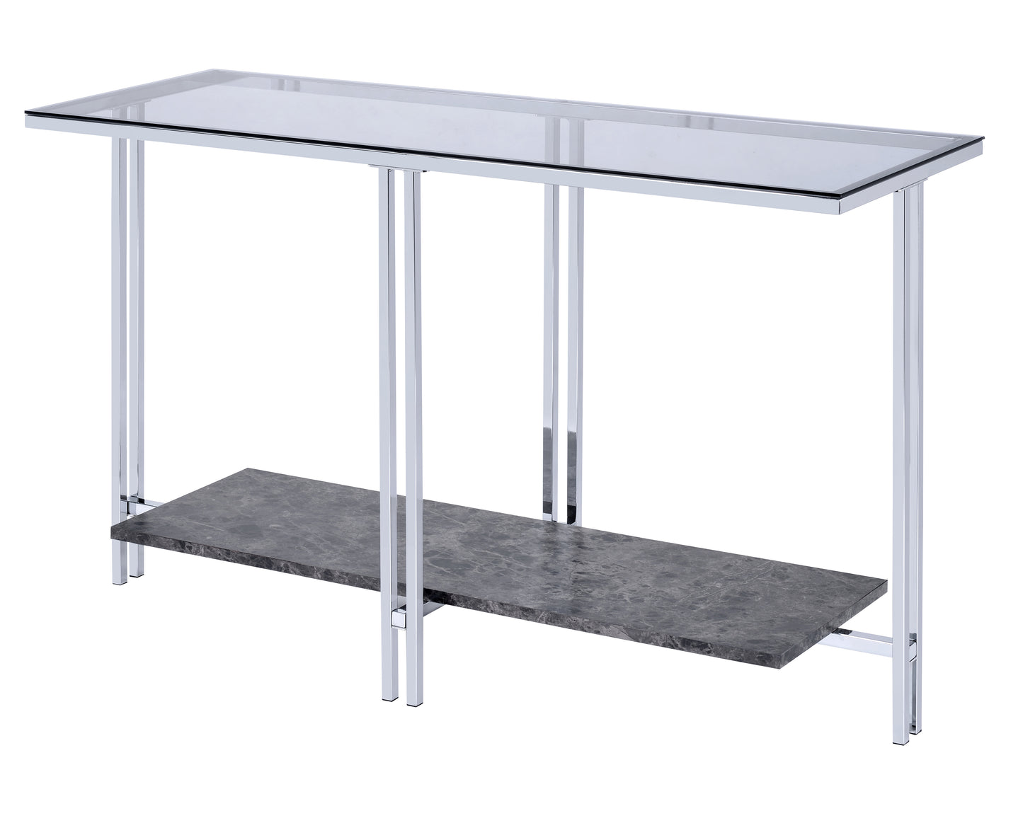 Glass-top sofa table by Benzara with marble bottom shelf and chrome frame