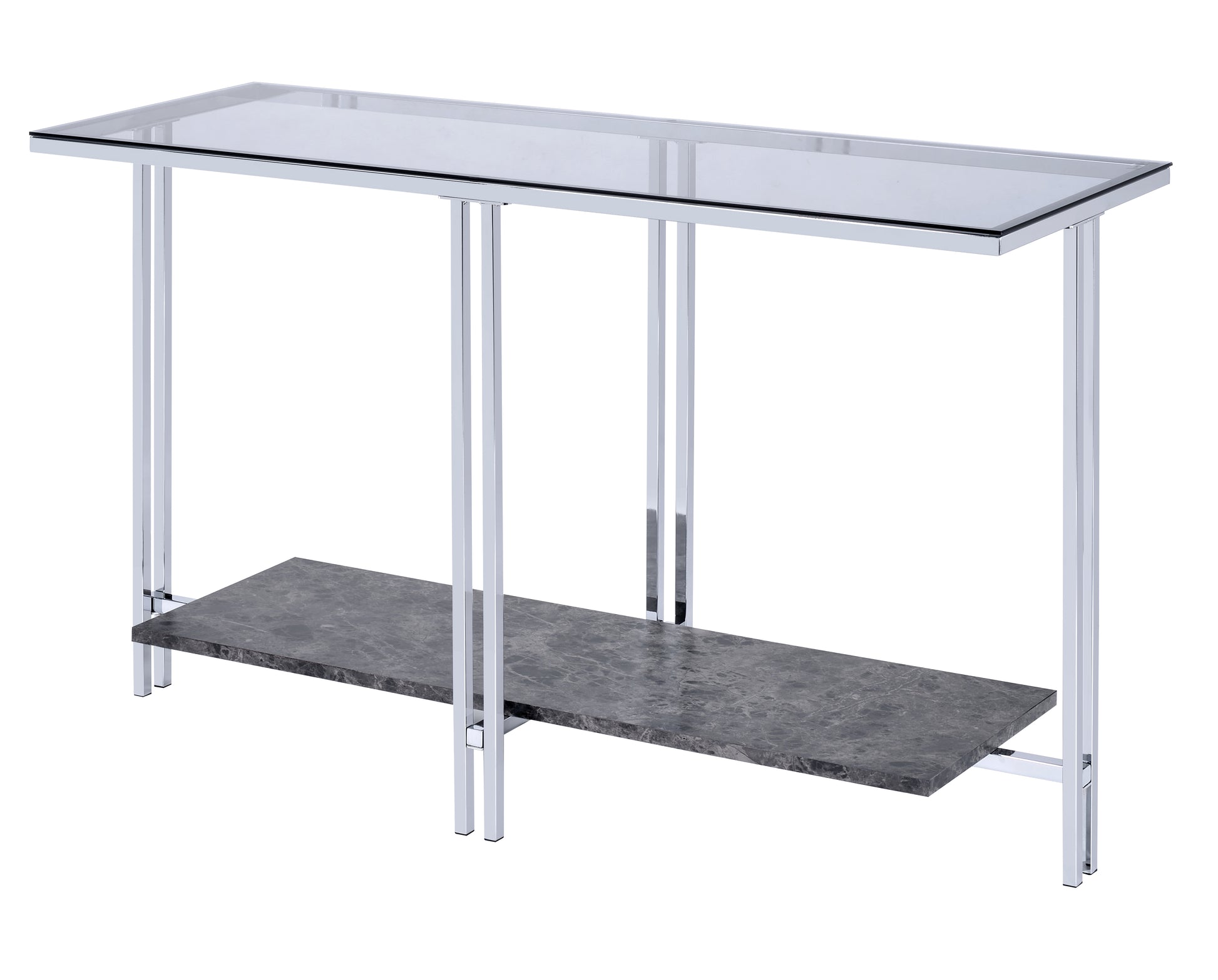 Glass-top sofa table by Benzara with marble bottom shelf and chrome frame