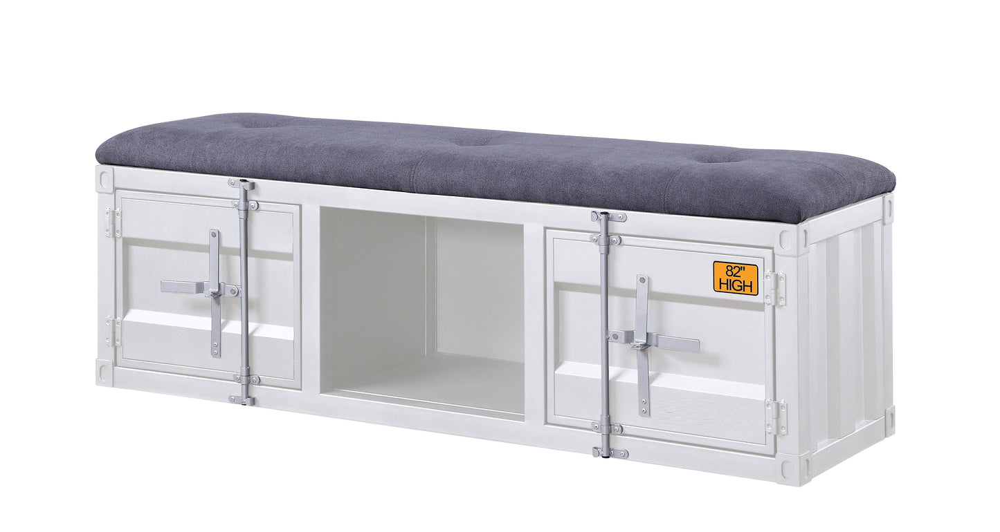 White metal storage bench with open storage compartments and tufted gray cushion