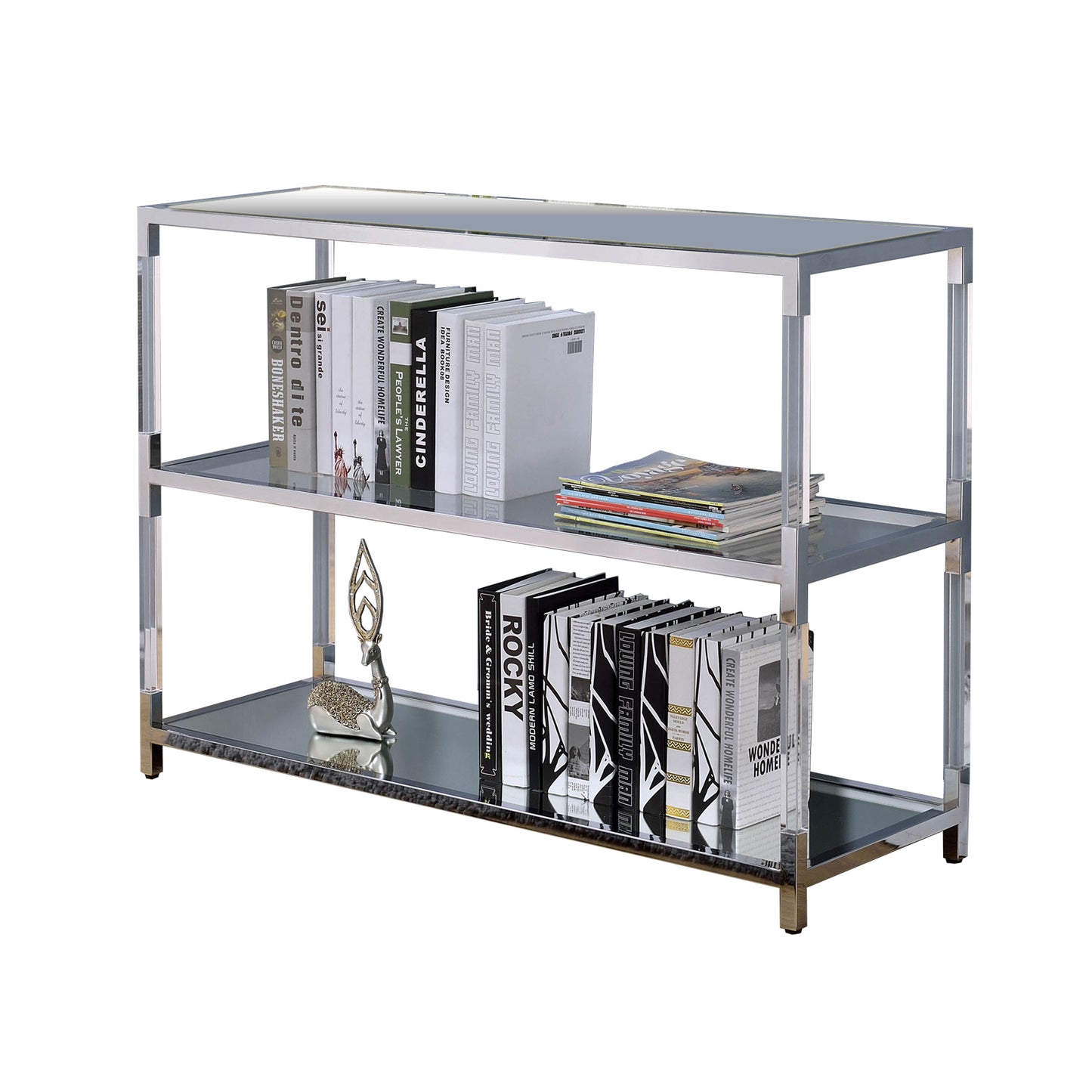 Metal and Glass Sofa Table with 2 Open Shelves, Silver and Clear — Chic Home-Decor