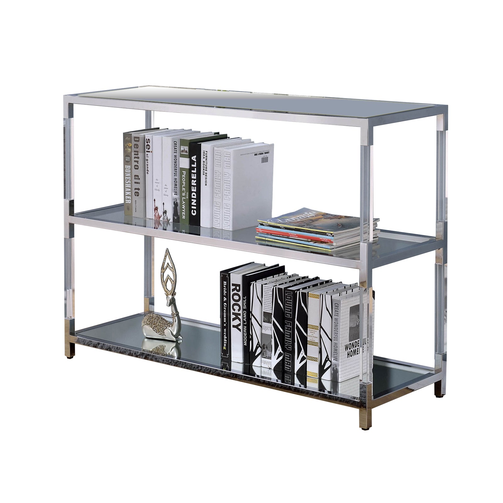 Metal and Glass Sofa Table with 2 Open Shelves, Silver and Clear — Chic Home-Decor