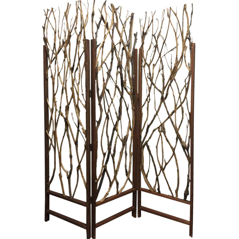 3 Panel Contemporary Foldable Wood Screen with Tree Branches, Brown — Chic Home-Decor