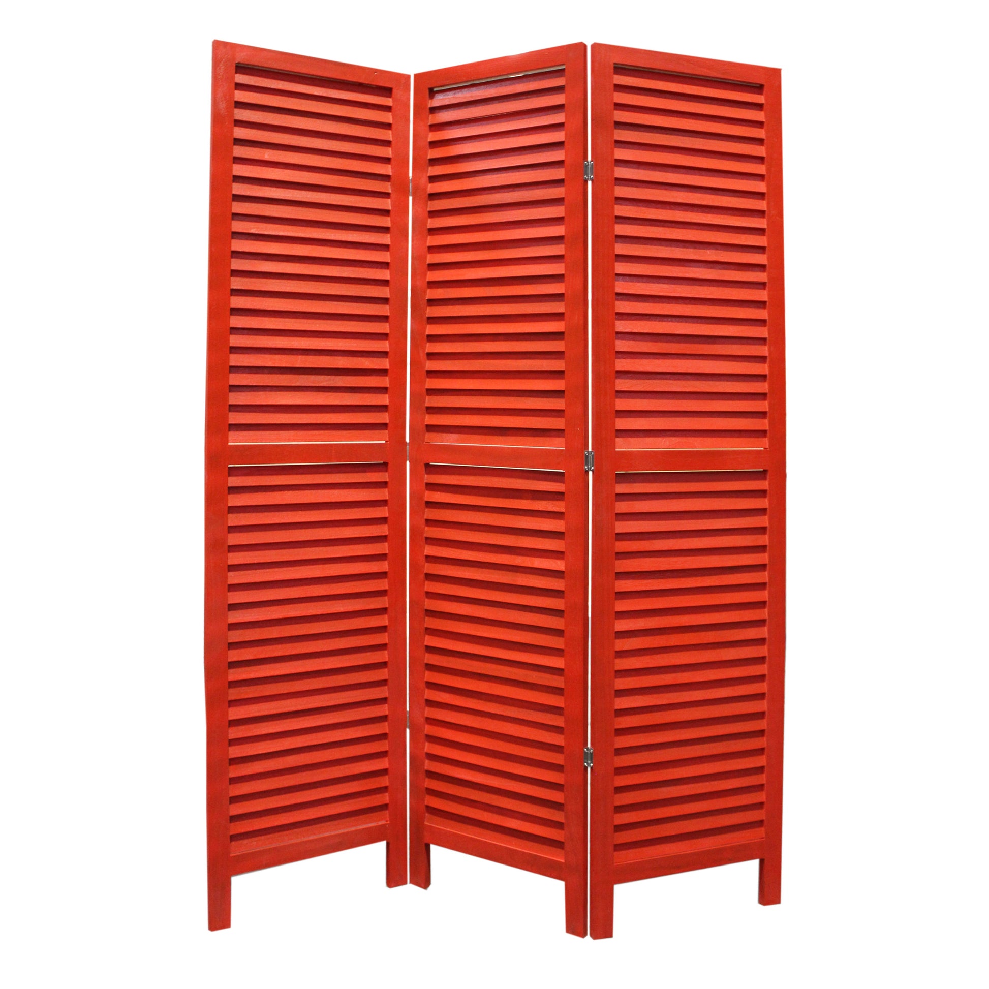3 Panel Foldable Wooden Shutter Screen with Straight Legs, Red — Chic Home-Decor